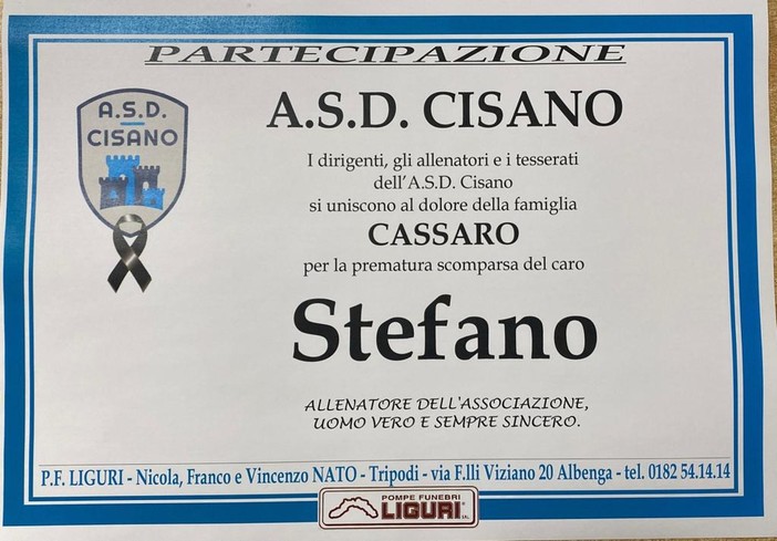 Calcio. Giovedì alle 15:00 i funerali di mister Cassaro. Il Cisano: &quot;Uomo vero e sempre sincero&quot;