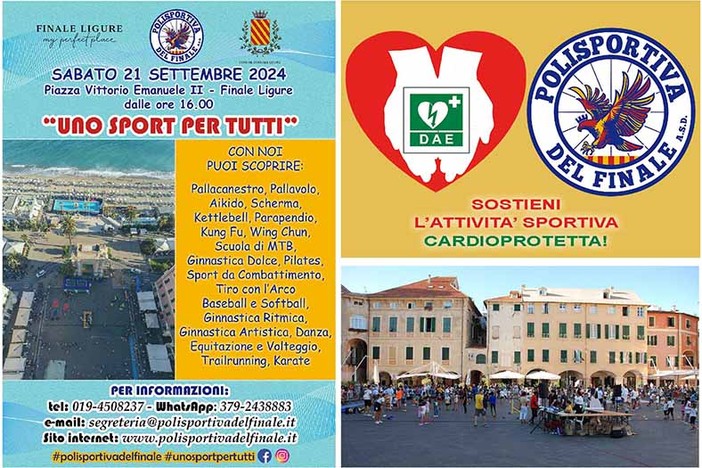 La Polisportiva del Finale torna in Piazza Vittorio Emanuele, il 21 settembre la nuova edizione di &quot;Uno sport per tutti&quot;